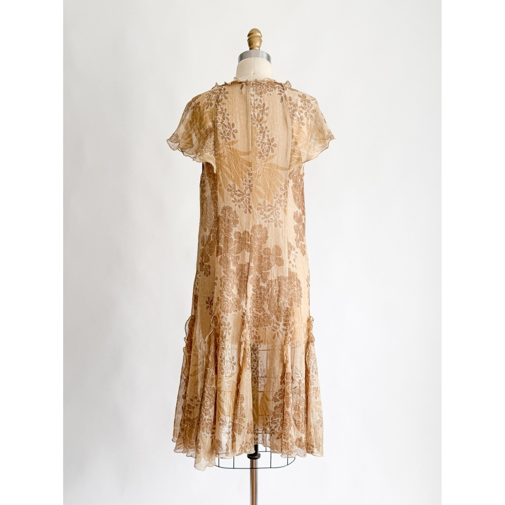 Vintage Boho Emma James Floral Midi Dress 10P Tan Gold Metallic Ruffle Chiffon‎ - Picture 6 of 7